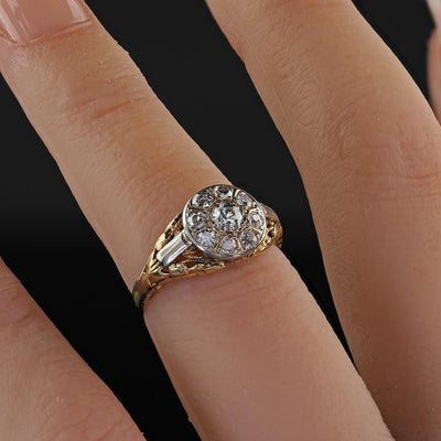 Antique Art Deco 14K Yellow Gold Old Cut Diamond Filigree Engagement Ring