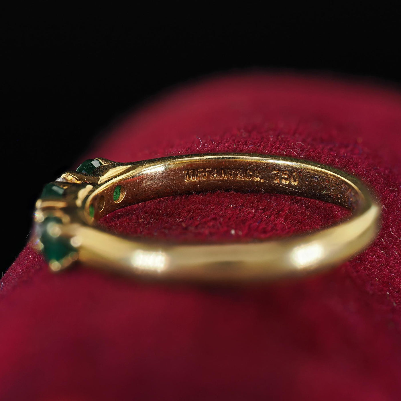 Vintage Estate Tiffany and Co 18K Yellow Gold Diamond and Emerald Band Ring