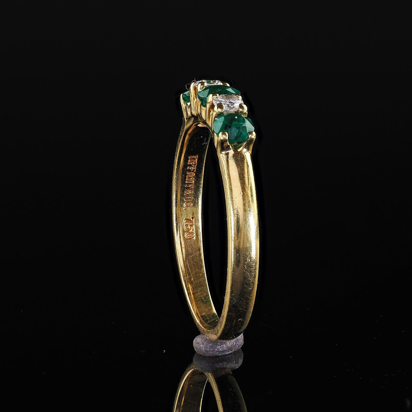 Vintage Estate Tiffany and Co 18K Yellow Gold Diamond and Emerald Band Ring