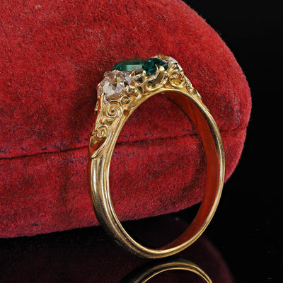 Antique Victorian 18K Yellow Gold Old Mine Diamond and Colombian Emerald Ring