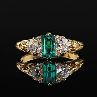 Antique Victorian 18K Yellow Gold Old Mine Diamond and Colombian Emerald Ring