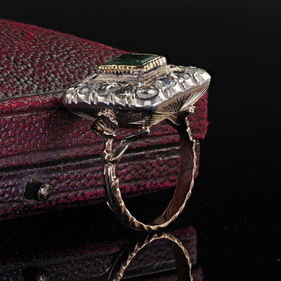 Antique Victorian 12K Yellow Gold Rose Cut Diamond and Emerald Cocktail Ring