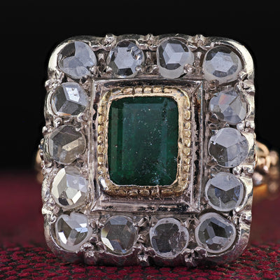 Antique Victorian 12K Yellow Gold Rose Cut Diamond and Emerald Cocktail Ring