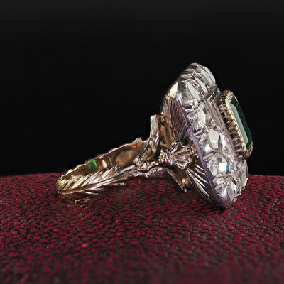 Antique Victorian 12K Yellow Gold Rose Cut Diamond and Emerald Cocktail Ring