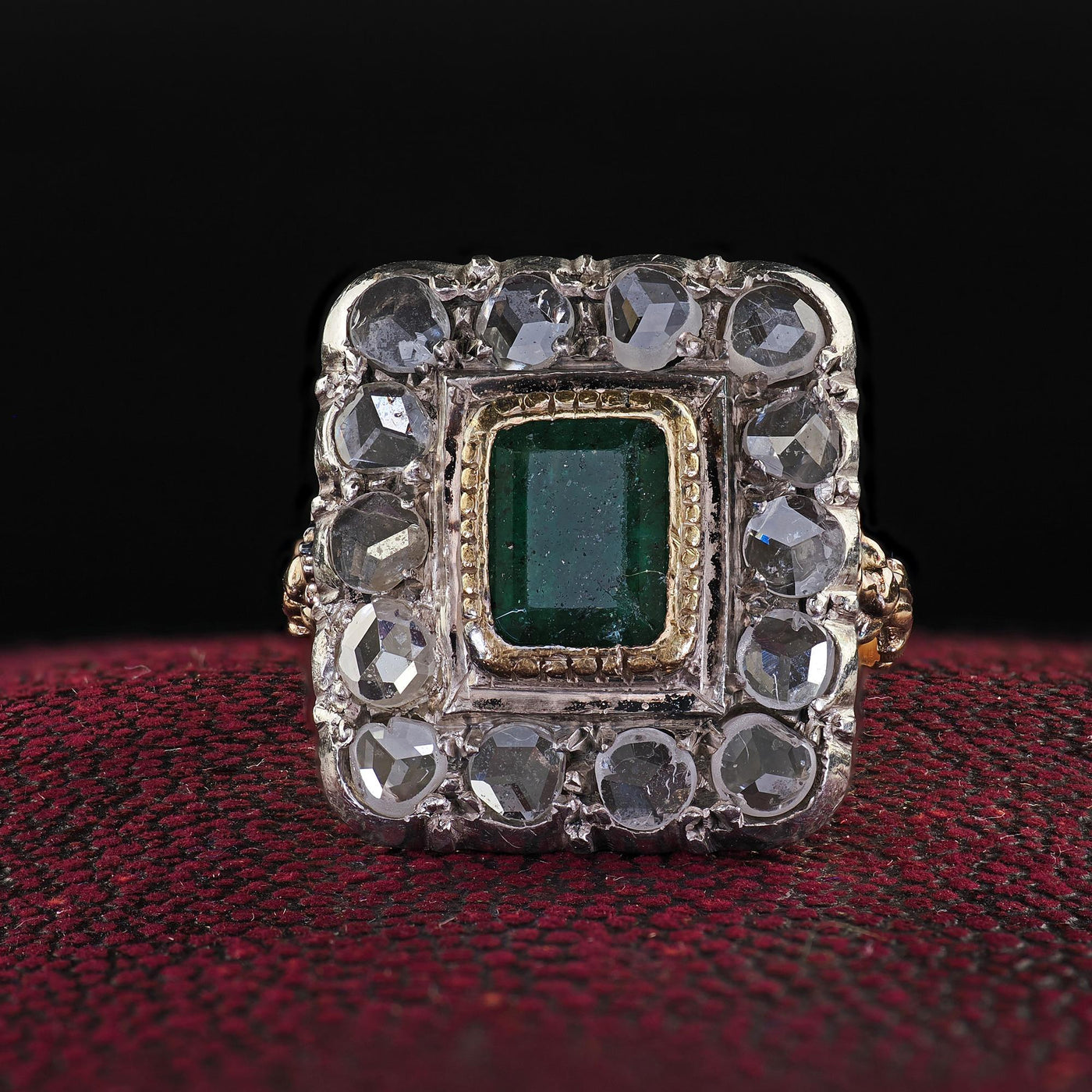 Antique Victorian 12K Yellow Gold Rose Cut Diamond and Emerald Cocktail Ring
