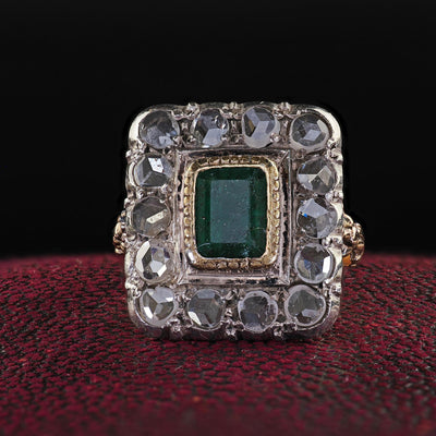 Antique Victorian 12K Yellow Gold Rose Cut Diamond and Emerald Cocktail Ring