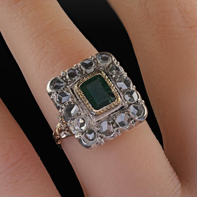 Antique Victorian 12K Yellow Gold Rose Cut Diamond and Emerald Cocktail Ring