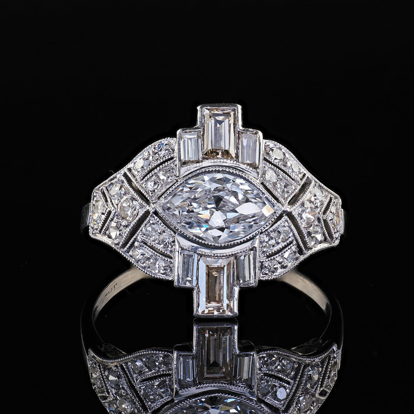 Antique Art Deco Platinum Old Marquise Diamond Baguette Engagement Ring