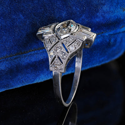 Antique Art Deco Platinum Old Marquise Diamond Baguette Engagement Ring