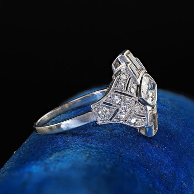 Antique Art Deco Platinum Old Marquise Diamond Baguette Engagement Ring