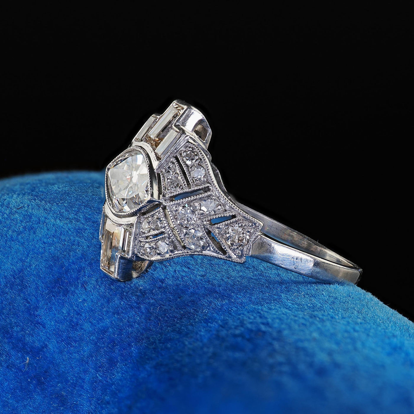 Antique Art Deco Platinum Old Marquise Diamond Baguette Engagement Ring