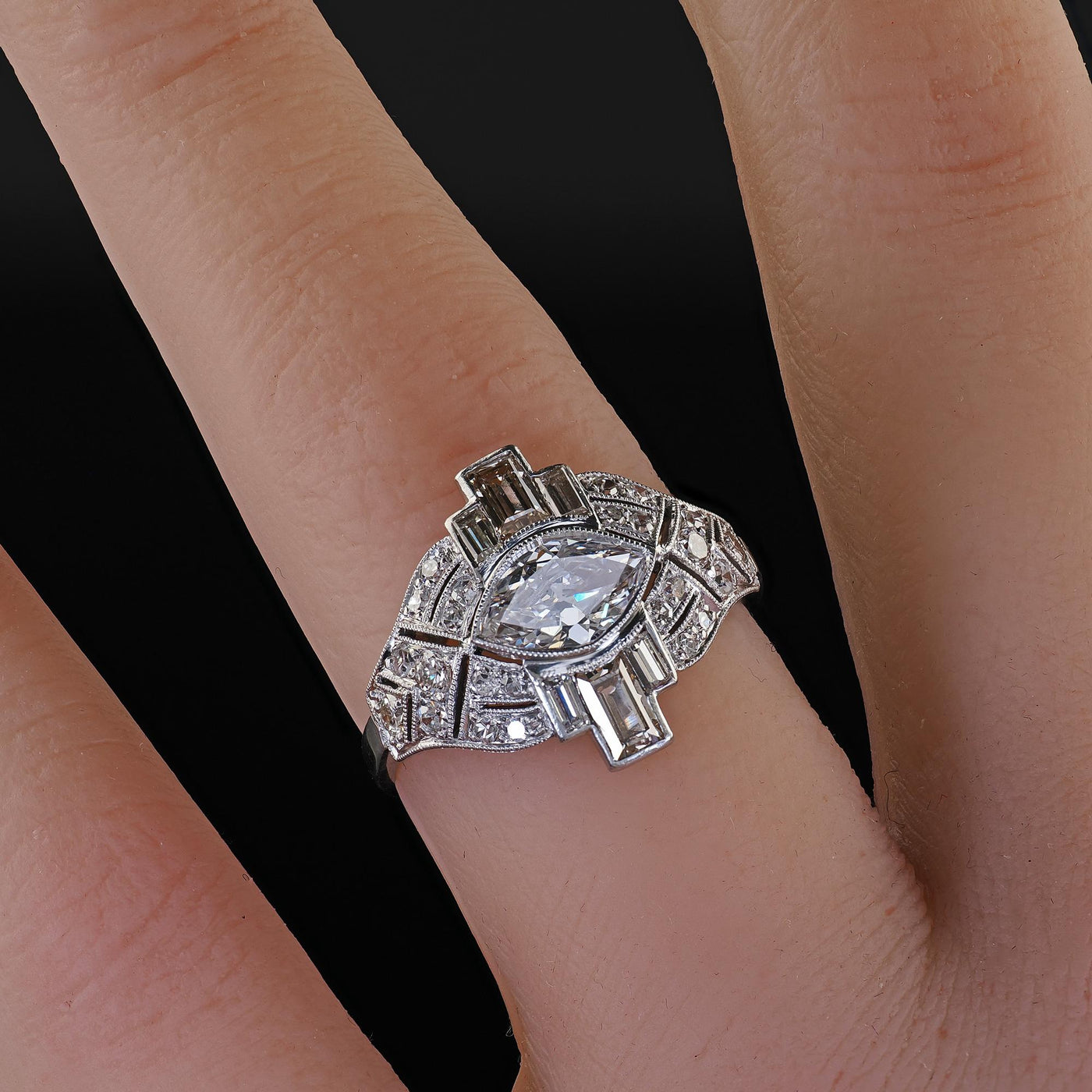 Antique Art Deco Platinum Old Marquise Diamond Baguette Engagement Ring