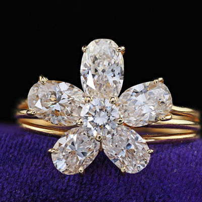 Vintage Retro 18K Yellow Gold Floral Oval Diamond Low Profile Cocktail Ring