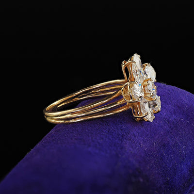Vintage Retro 18K Yellow Gold Floral Oval Diamond Low Profile Cocktail Ring