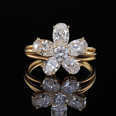 Vintage Retro 18K Yellow Gold Floral Oval Diamond Low Profile Cocktail Ring