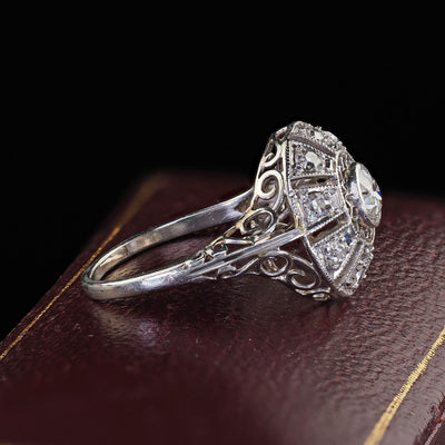Antique Edwardian Platinum Old European Diamond Filigree Engagement Ring