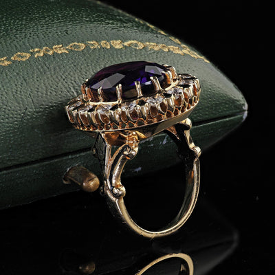 Vintage Estate Victorian Revival Amethyst Diamond and Enamel Cocktail Ring