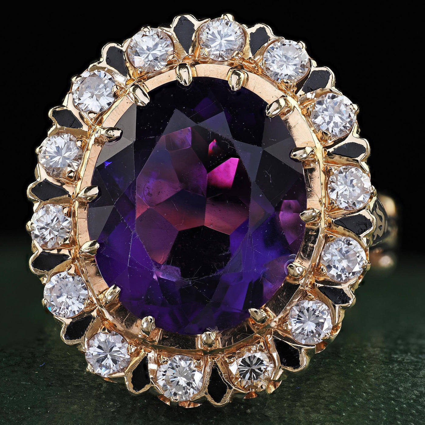 Vintage Estate Victorian Revival Amethyst Diamond and Enamel Cocktail Ring