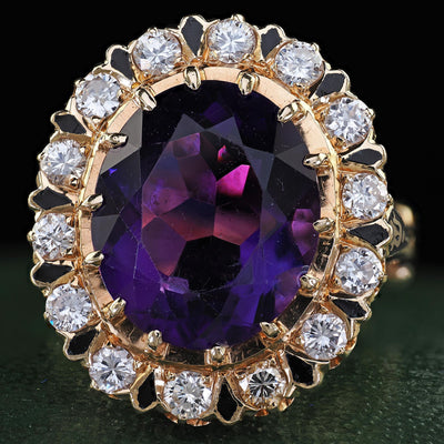 Vintage Estate Victorian Revival Amethyst Diamond and Enamel Cocktail Ring