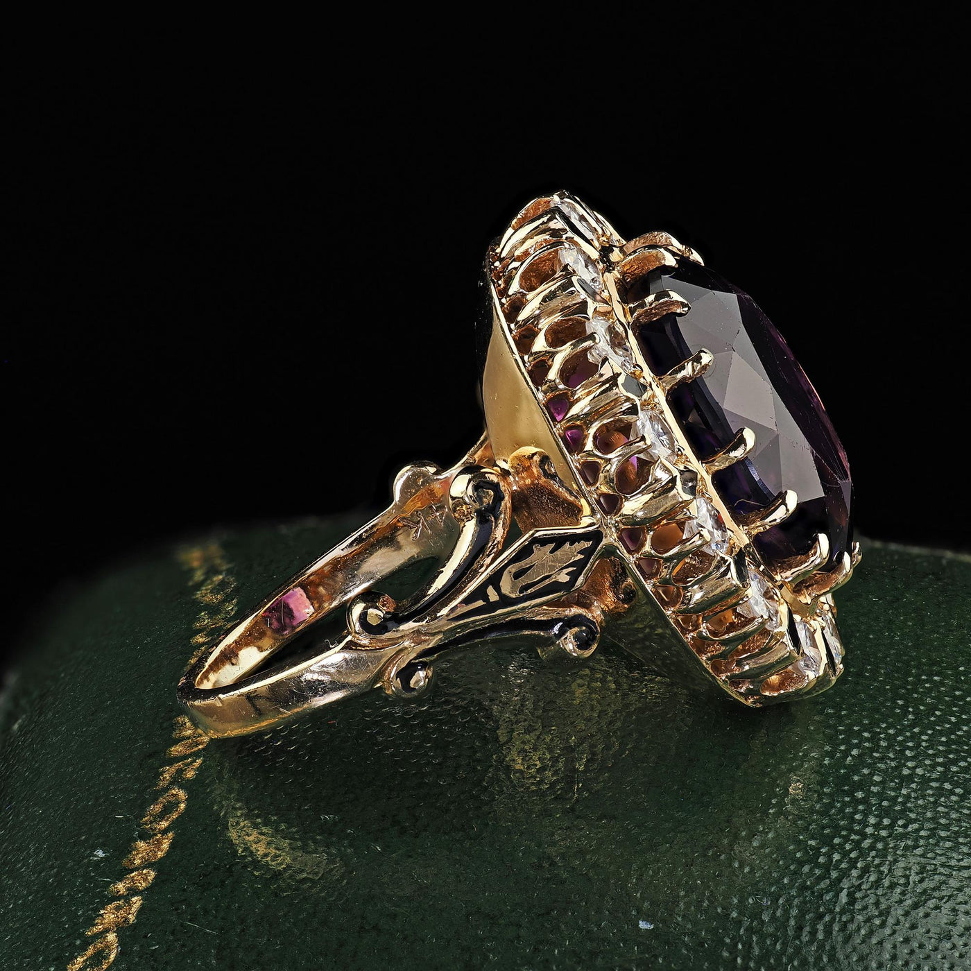 Vintage Estate Victorian Revival Amethyst Diamond and Enamel Cocktail Ring