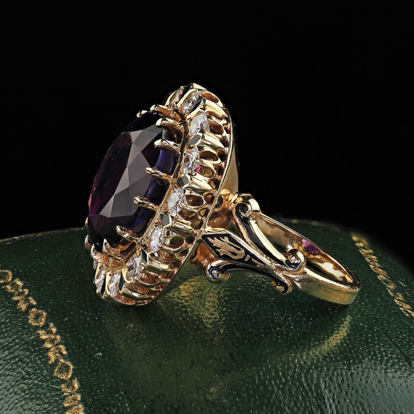 Vintage Estate Victorian Revival Amethyst Diamond and Enamel Cocktail Ring