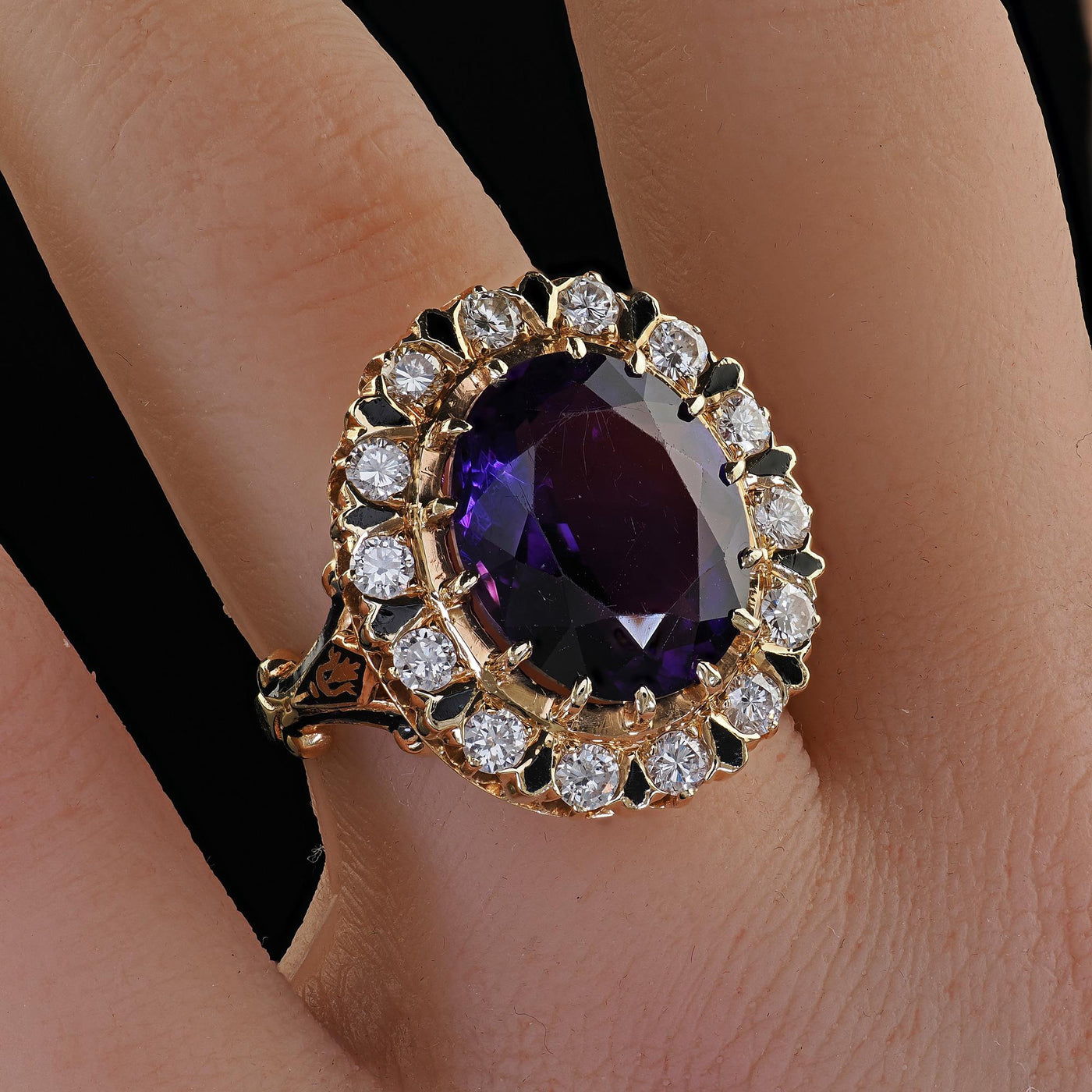 Vintage Estate Victorian Revival Amethyst Diamond and Enamel Cocktail Ring