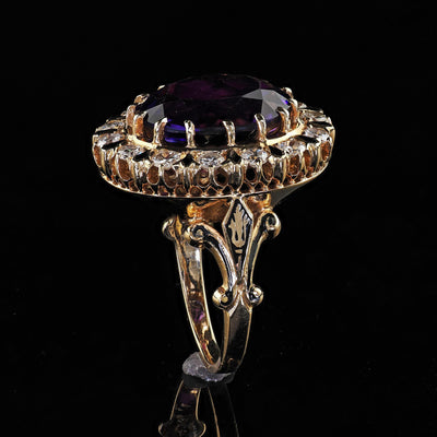 Vintage Estate Victorian Revival Amethyst Diamond and Enamel Cocktail Ring