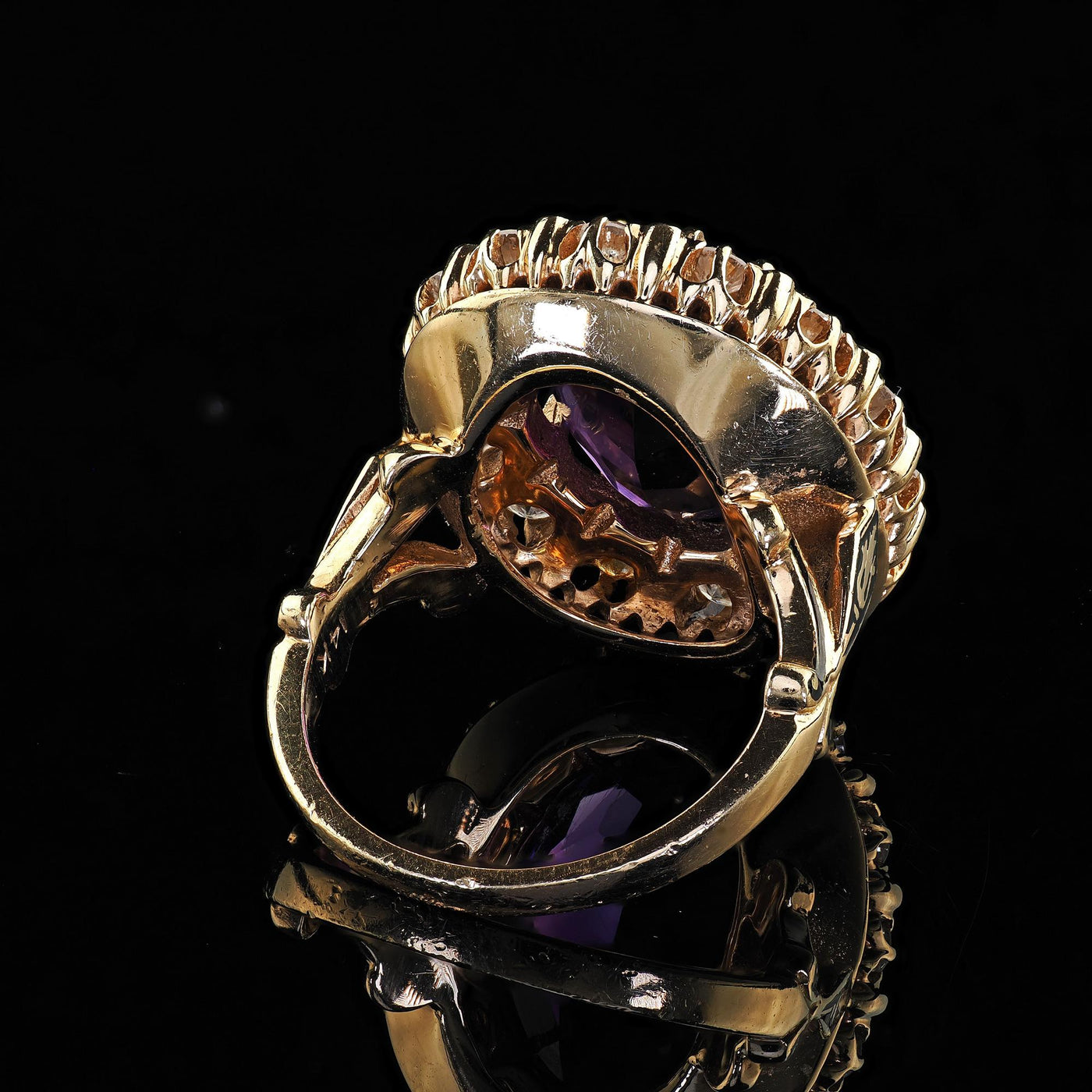 Vintage Estate Victorian Revival Amethyst Diamond and Enamel Cocktail Ring