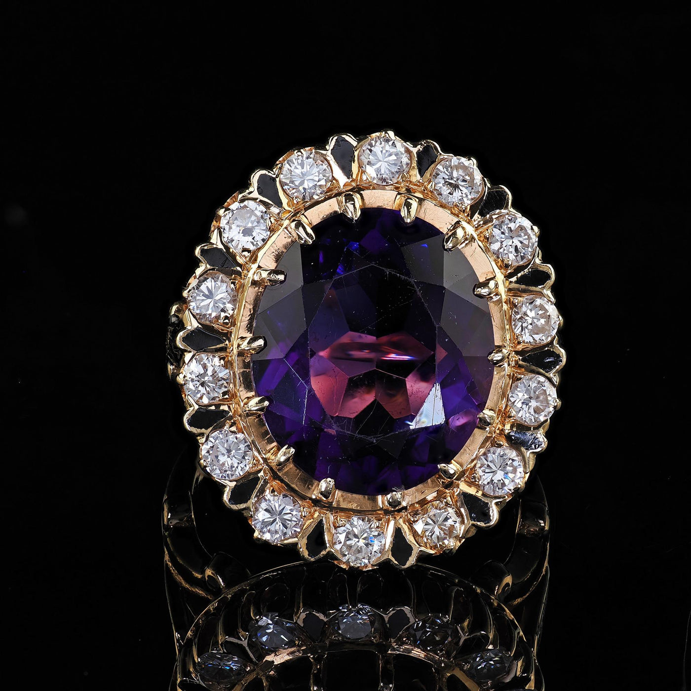 Vintage Estate Victorian Revival Amethyst Diamond and Enamel Cocktail Ring