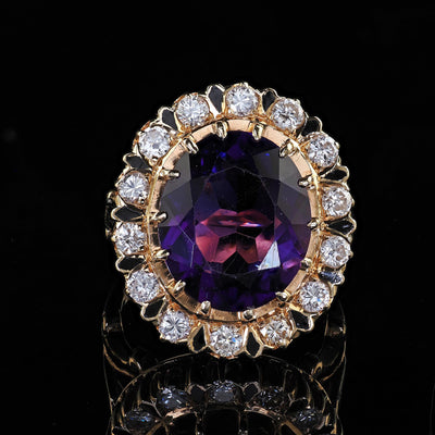 Vintage Estate Victorian Revival Amethyst Diamond and Enamel Cocktail Ring