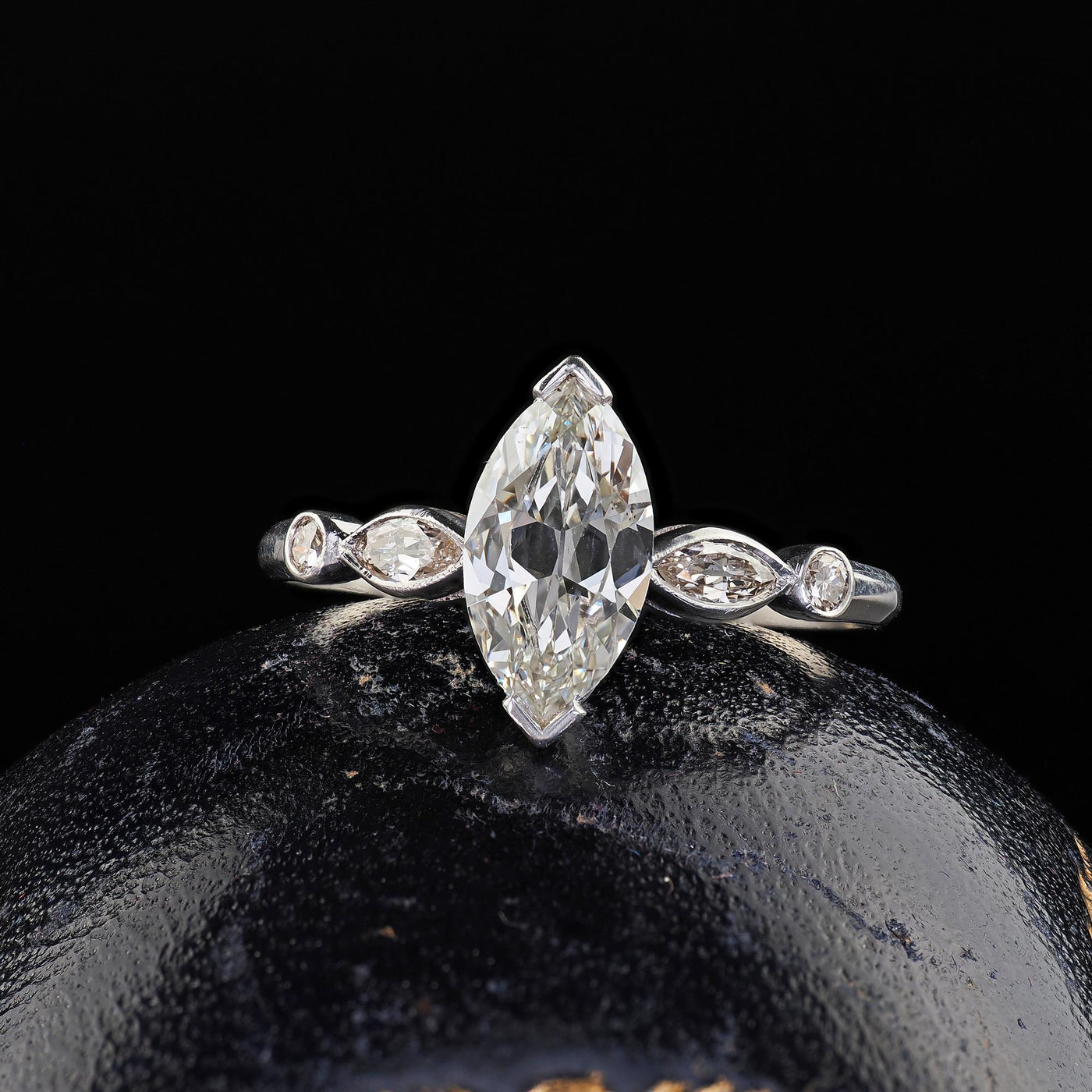 Antique Art Deco Platinum Old Marquise Cut Diamond Engagement Ring - GIA