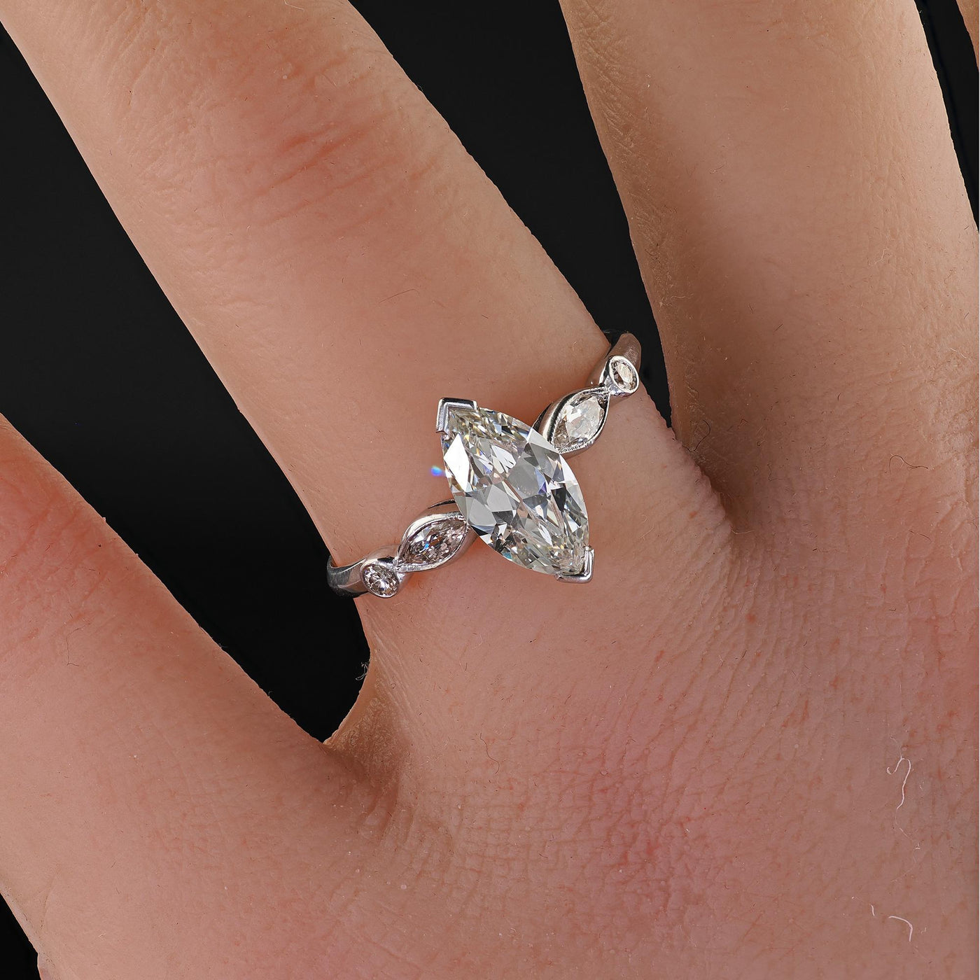 Antique Art Deco Platinum Old Marquise Cut Diamond Engagement Ring - GIA