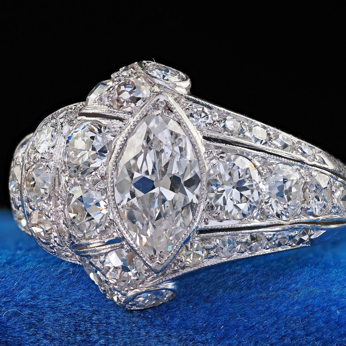 Antique Art Deco Platinum Old European Cut Marquise Diamond Cocktail Ring