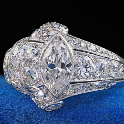Antique Art Deco Platinum Old European Cut Marquise Diamond Cocktail Ring