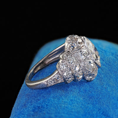 Antique Art Deco Platinum Old European Cut Marquise Diamond Cocktail Ring