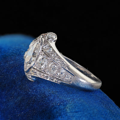 Antique Art Deco Platinum Old European Cut Marquise Diamond Cocktail Ring