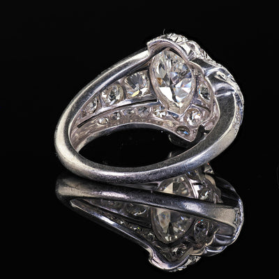 Antique Art Deco Platinum Old European Cut Marquise Diamond Cocktail Ring