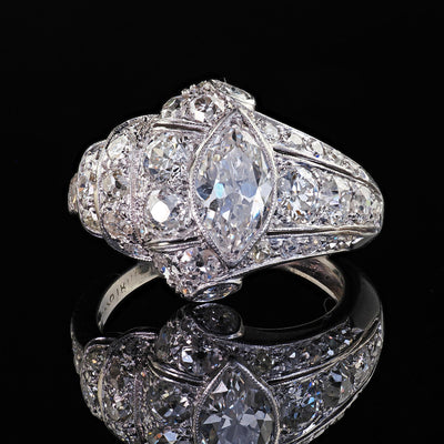 Antique Art Deco Platinum Old European Cut Marquise Diamond Cocktail Ring