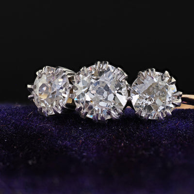 Antique Victorian 18K Gold and Silver Old Euro Three Diamond Engagement Ring