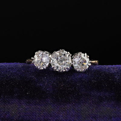 Antique Victorian 18K Gold and Silver Old Euro Three Diamond Engagement Ring