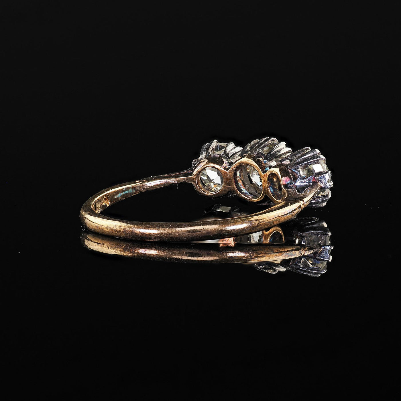 Antique Victorian 18K Gold and Silver Old Euro Three Diamond Engagement Ring