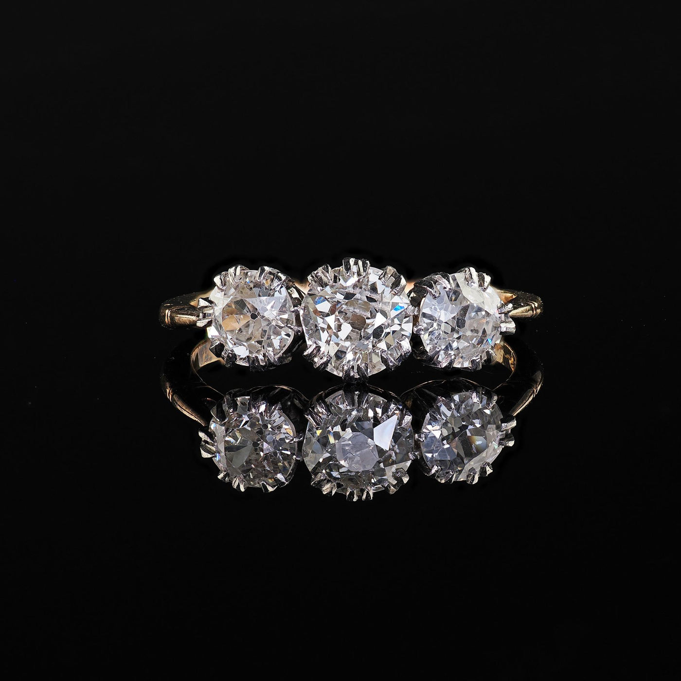 Antique Victorian 18K Gold and Silver Old Euro Three Diamond Engagement Ring
