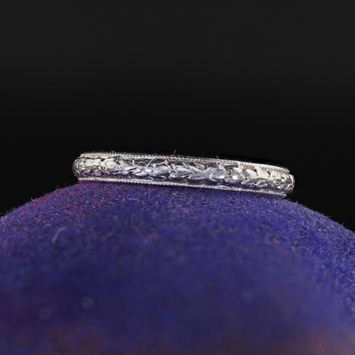 Antique Art Deco Platinum Blossom Engraved Wedding Band - Size 6 1/4