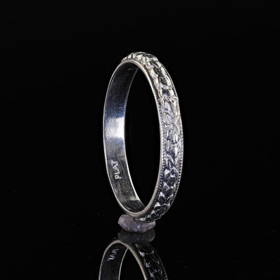 Antique Art Deco Platinum Blossom Engraved Wedding Band - Size 6 1/4
