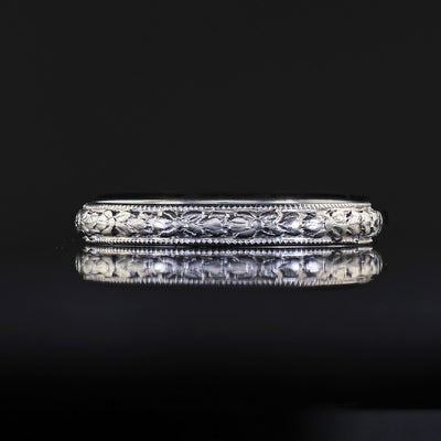 Antique Art Deco Platinum Blossom Engraved Wedding Band - Size 6 1/4