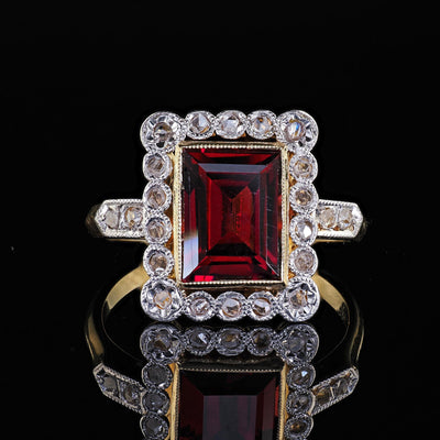 Antique French Edwardian 18K Yellow Gold Rose Cut Diamond Garnet Engagement Ring
