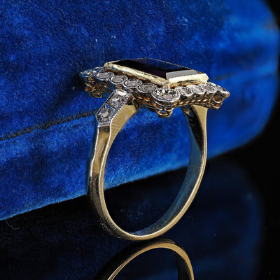 Antique French Edwardian 18K Yellow Gold Rose Cut Diamond Garnet Engagement Ring