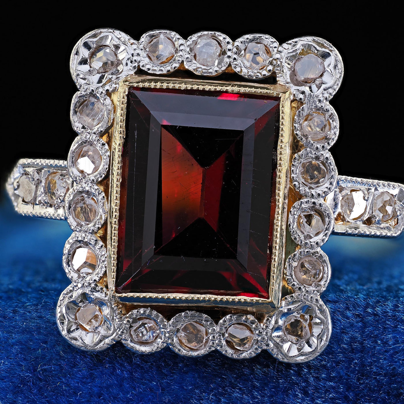 Antique French Edwardian 18K Yellow Gold Rose Cut Diamond Garnet Engagement Ring