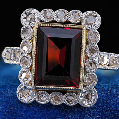 Antique French Edwardian 18K Yellow Gold Rose Cut Diamond Garnet Engagement Ring
