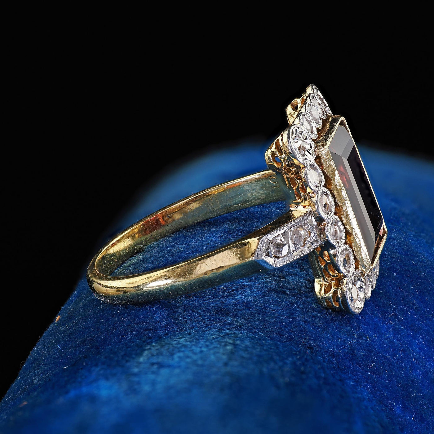 Antique French Edwardian 18K Yellow Gold Rose Cut Diamond Garnet Engagement Ring